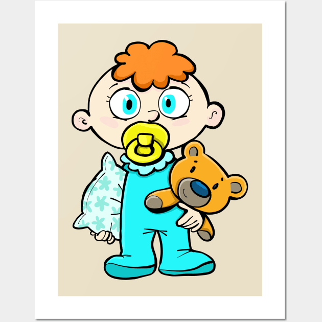 baby boy who can't sleep is holding a pillow and a teddy bear Wall Art by duxpavlic